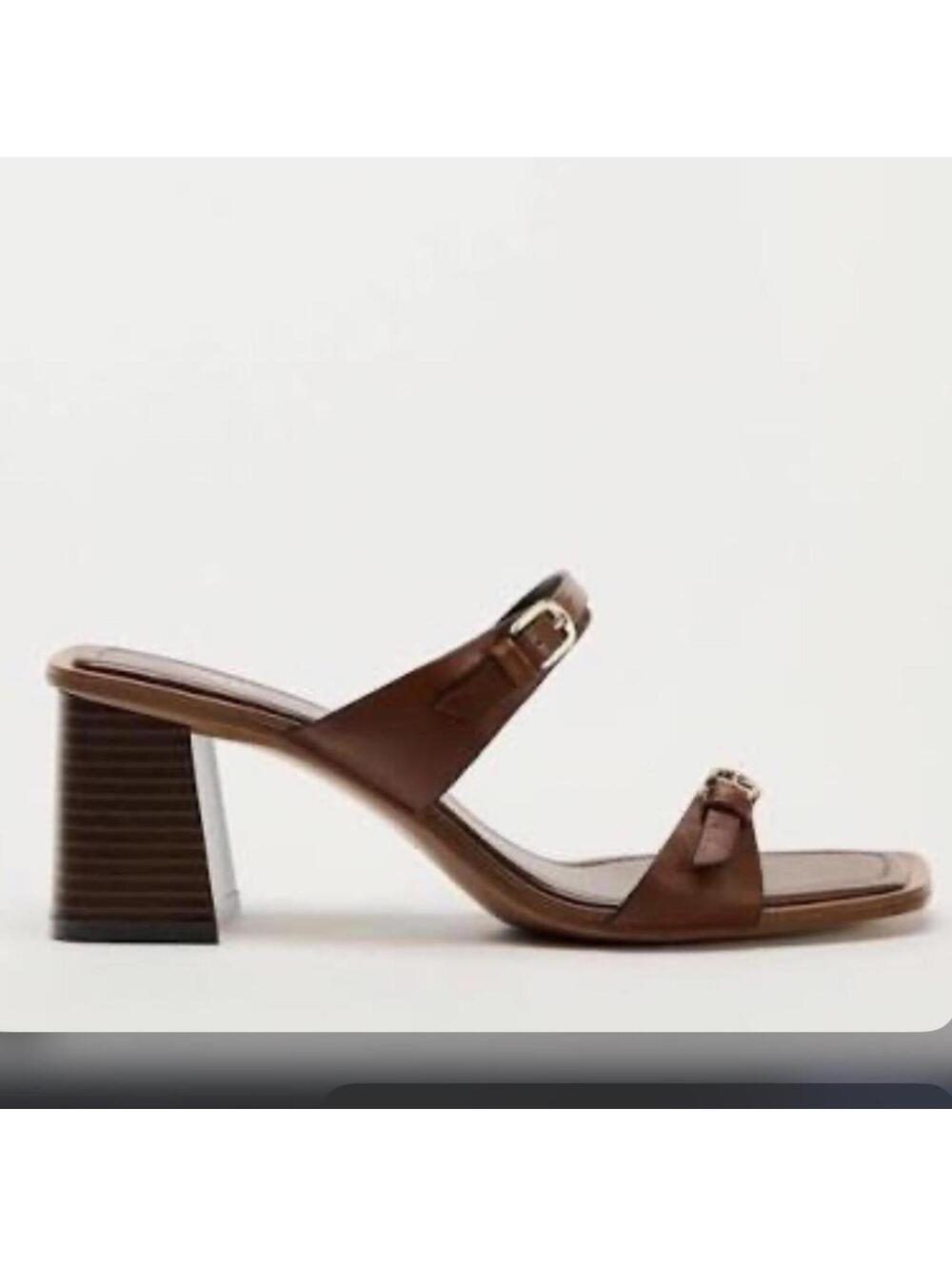 Zara brown leather sandals with gold buckle detail